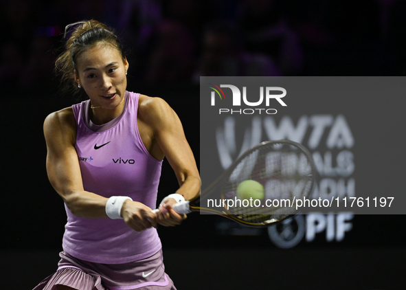 RIYADH, SAUDI ARABIA - NOVEMBER 09: Quinwen Zheng of China during the Final match against Coco Gauff of USA on Day 8 of the 2024 WTA Finals,...