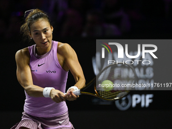 RIYADH, SAUDI ARABIA - NOVEMBER 09: Quinwen Zheng of China during the Final match against Coco Gauff of USA on Day 8 of the 2024 WTA Finals,...