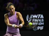 RIYADH, SAUDI ARABIA - NOVEMBER 09: Quinwen Zheng of China during the Final match against Coco Gauff of USA on Day 8 of the 2024 WTA Finals,...