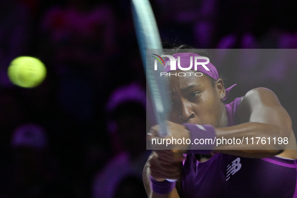 RIYADH, SAUDI ARABIA - NOVEMBER 09: Coco Gauff of USA during the Final match against Quinwen Zheng of China on Day 8 of the 2024 WTA Finals,...