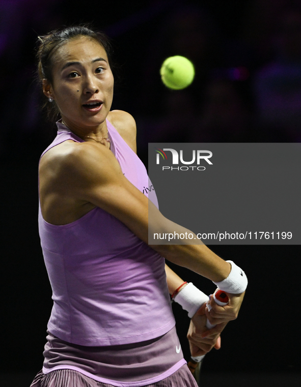 RIYADH, SAUDI ARABIA - NOVEMBER 09: Quinwen Zheng of China during the Final match against Coco Gauff of USA on Day 8 of the 2024 WTA Finals,...