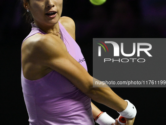 RIYADH, SAUDI ARABIA - NOVEMBER 09: Quinwen Zheng of China during the Final match against Coco Gauff of USA on Day 8 of the 2024 WTA Finals,...