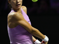 RIYADH, SAUDI ARABIA - NOVEMBER 09: Quinwen Zheng of China during the Final match against Coco Gauff of USA on Day 8 of the 2024 WTA Finals,...