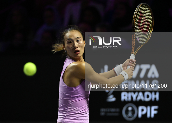 RIYADH, SAUDI ARABIA - NOVEMBER 09: Quinwen Zheng of China during the Final match against Coco Gauff of USA on Day 8 of the 2024 WTA Finals,...