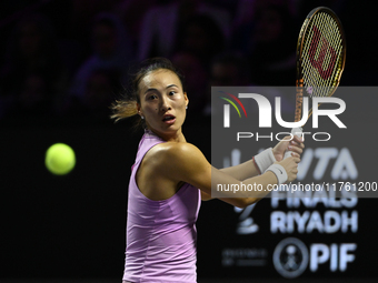 RIYADH, SAUDI ARABIA - NOVEMBER 09: Quinwen Zheng of China during the Final match against Coco Gauff of USA on Day 8 of the 2024 WTA Finals,...