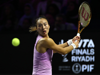 RIYADH, SAUDI ARABIA - NOVEMBER 09: Quinwen Zheng of China during the Final match against Coco Gauff of USA on Day 8 of the 2024 WTA Finals,...