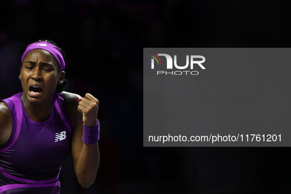 RIYADH, SAUDI ARABIA - NOVEMBER 09: Coco Gauff of USA during the Final match against Quinwen Zheng of China on Day 8 of the 2024 WTA Finals,...