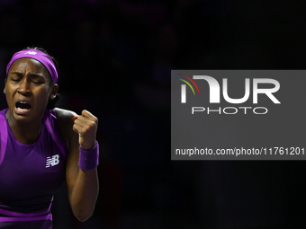 RIYADH, SAUDI ARABIA - NOVEMBER 09: Coco Gauff of USA during the Final match against Quinwen Zheng of China on Day 8 of the 2024 WTA Finals,...