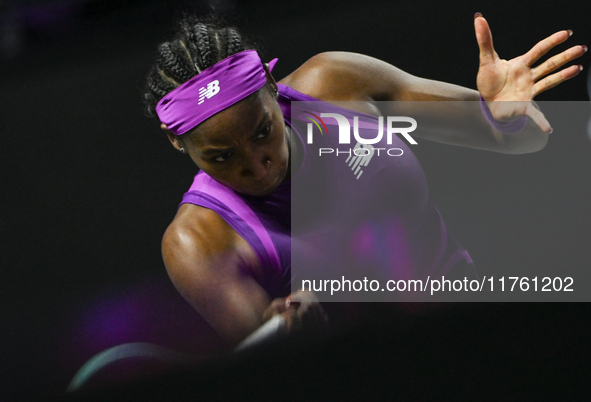 RIYADH, SAUDI ARABIA - NOVEMBER 09: Coco Gauff of USA during the Final match against Quinwen Zheng of China on Day 8 of the 2024 WTA Finals,...