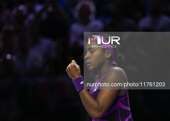 RIYADH, SAUDI ARABIA - NOVEMBER 09: Coco Gauff of USA during the Final match against Quinwen Zheng of China on Day 8 of the 2024 WTA Finals,...