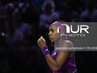 RIYADH, SAUDI ARABIA - NOVEMBER 09: Coco Gauff of USA during the Final match against Quinwen Zheng of China on Day 8 of the 2024 WTA Finals,...