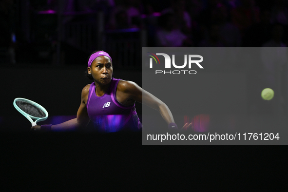 RIYADH, SAUDI ARABIA - NOVEMBER 09: Coco Gauff of USA during the Final match against Quinwen Zheng of China on Day 8 of the 2024 WTA Finals,...