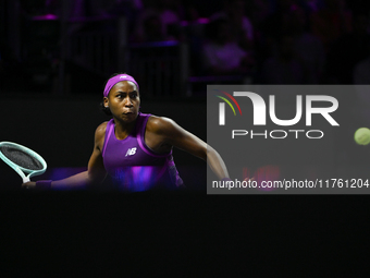 RIYADH, SAUDI ARABIA - NOVEMBER 09: Coco Gauff of USA during the Final match against Quinwen Zheng of China on Day 8 of the 2024 WTA Finals,...