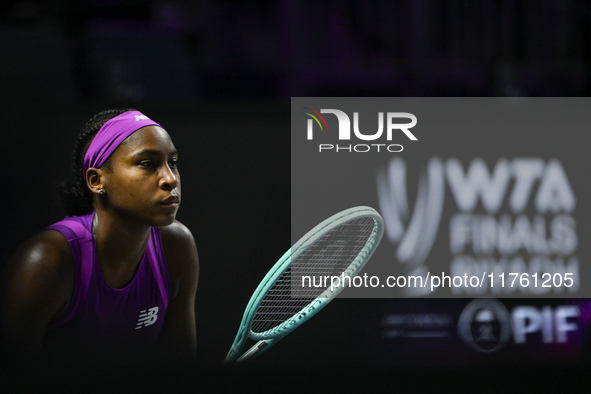 RIYADH, SAUDI ARABIA - NOVEMBER 09: Coco Gauff of USA during the Final match against Quinwen Zheng of China on Day 8 of the 2024 WTA Finals,...