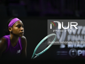 RIYADH, SAUDI ARABIA - NOVEMBER 09: Coco Gauff of USA during the Final match against Quinwen Zheng of China on Day 8 of the 2024 WTA Finals,...