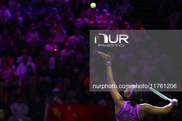 RIYADH, SAUDI ARABIA - NOVEMBER 09: Coco Gauff of USA during the Final match against Quinwen Zheng of China on Day 8 of the 2024 WTA Finals,...