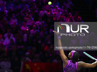 RIYADH, SAUDI ARABIA - NOVEMBER 09: Coco Gauff of USA during the Final match against Quinwen Zheng of China on Day 8 of the 2024 WTA Finals,...