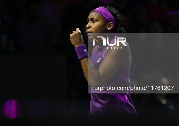 RIYADH, SAUDI ARABIA - NOVEMBER 09: Coco Gauff of USA during the Final match against Quinwen Zheng of China on Day 8 of the 2024 WTA Finals,...