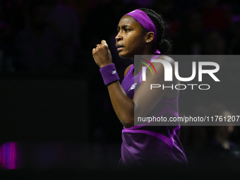 RIYADH, SAUDI ARABIA - NOVEMBER 09: Coco Gauff of USA during the Final match against Quinwen Zheng of China on Day 8 of the 2024 WTA Finals,...