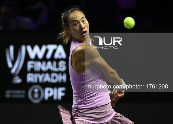 RIYADH, SAUDI ARABIA - NOVEMBER 09: Quinwen Zheng of China during the Final match against Coco Gauff of USA on Day 8 of the 2024 WTA Finals,...