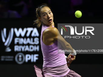 RIYADH, SAUDI ARABIA - NOVEMBER 09: Quinwen Zheng of China during the Final match against Coco Gauff of USA on Day 8 of the 2024 WTA Finals,...