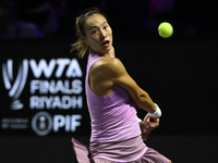 RIYADH, SAUDI ARABIA - NOVEMBER 09: Quinwen Zheng of China during the Final match against Coco Gauff of USA on Day 8 of the 2024 WTA Finals,...