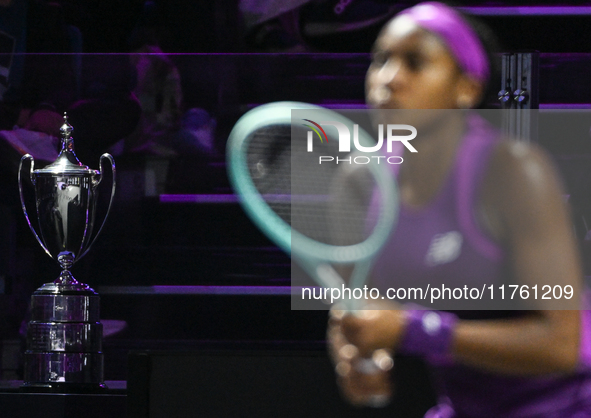 RIYADH, SAUDI ARABIA - NOVEMBER 09: Coco Gauff of USA during the Final match against Quinwen Zheng of China on Day 8 of the 2024 WTA Finals,...