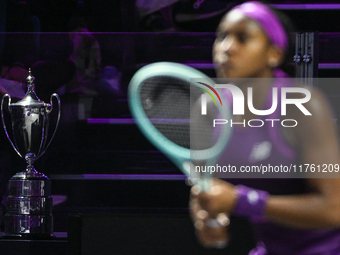 RIYADH, SAUDI ARABIA - NOVEMBER 09: Coco Gauff of USA during the Final match against Quinwen Zheng of China on Day 8 of the 2024 WTA Finals,...