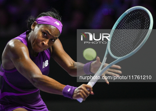 RIYADH, SAUDI ARABIA - NOVEMBER 09: Coco Gauff of USA during the Final match against Quinwen Zheng of China on Day 8 of the 2024 WTA Finals,...