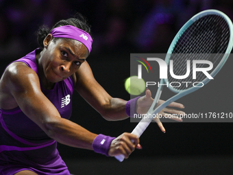 RIYADH, SAUDI ARABIA - NOVEMBER 09: Coco Gauff of USA during the Final match against Quinwen Zheng of China on Day 8 of the 2024 WTA Finals,...