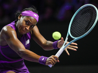 RIYADH, SAUDI ARABIA - NOVEMBER 09: Coco Gauff of USA during the Final match against Quinwen Zheng of China on Day 8 of the 2024 WTA Finals,...