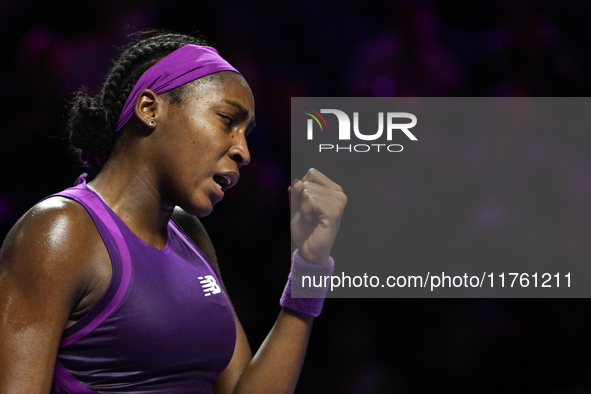 RIYADH, SAUDI ARABIA - NOVEMBER 09: Coco Gauff of USA during the Final match against Quinwen Zheng of China on Day 8 of the 2024 WTA Finals,...