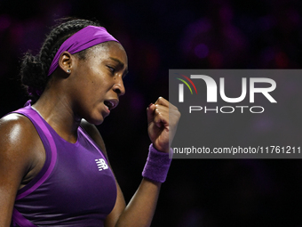 RIYADH, SAUDI ARABIA - NOVEMBER 09: Coco Gauff of USA during the Final match against Quinwen Zheng of China on Day 8 of the 2024 WTA Finals,...