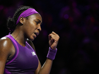 RIYADH, SAUDI ARABIA - NOVEMBER 09: Coco Gauff of USA during the Final match against Quinwen Zheng of China on Day 8 of the 2024 WTA Finals,...