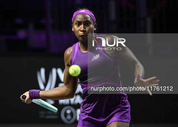 RIYADH, SAUDI ARABIA - NOVEMBER 09: Coco Gauff of USA during the Final match against Quinwen Zheng of China on Day 8 of the 2024 WTA Finals,...