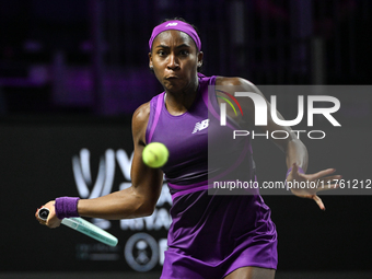 RIYADH, SAUDI ARABIA - NOVEMBER 09: Coco Gauff of USA during the Final match against Quinwen Zheng of China on Day 8 of the 2024 WTA Finals,...