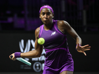 RIYADH, SAUDI ARABIA - NOVEMBER 09: Coco Gauff of USA during the Final match against Quinwen Zheng of China on Day 8 of the 2024 WTA Finals,...