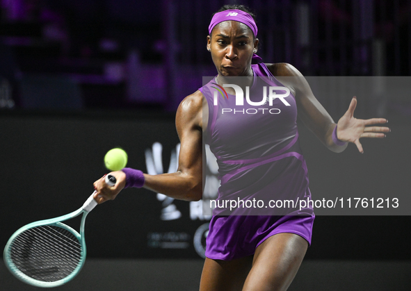 RIYADH, SAUDI ARABIA - NOVEMBER 09: Coco Gauff of USA during the Final match against Quinwen Zheng of China on Day 8 of the 2024 WTA Finals,...