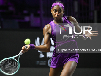 RIYADH, SAUDI ARABIA - NOVEMBER 09: Coco Gauff of USA during the Final match against Quinwen Zheng of China on Day 8 of the 2024 WTA Finals,...