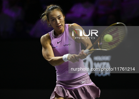 RIYADH, SAUDI ARABIA - NOVEMBER 09: Quinwen Zheng of China during the Final match against Coco Gauff of USA on Day 8 of the 2024 WTA Finals,...