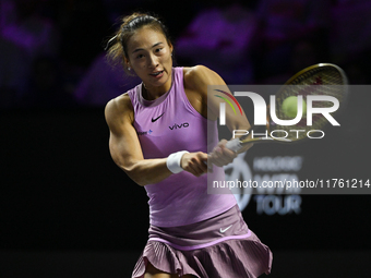 RIYADH, SAUDI ARABIA - NOVEMBER 09: Quinwen Zheng of China during the Final match against Coco Gauff of USA on Day 8 of the 2024 WTA Finals,...