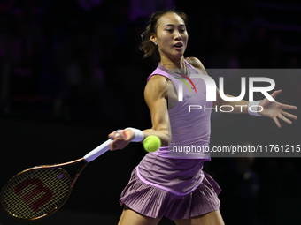 RIYADH, SAUDI ARABIA - NOVEMBER 09: Quinwen Zheng of China during the Final match against Coco Gauff of USA on Day 8 of the 2024 WTA Finals,...