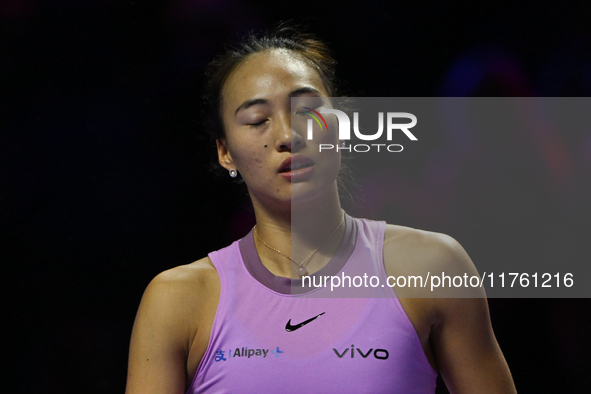 RIYADH, SAUDI ARABIA - NOVEMBER 09: Quinwen Zheng of China during the Final match against Coco Gauff of USA on Day 8 of the 2024 WTA Finals,...