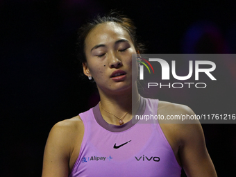 RIYADH, SAUDI ARABIA - NOVEMBER 09: Quinwen Zheng of China during the Final match against Coco Gauff of USA on Day 8 of the 2024 WTA Finals,...