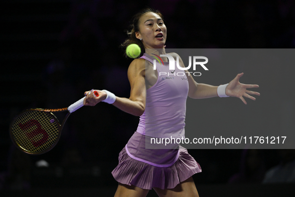 RIYADH, SAUDI ARABIA - NOVEMBER 09: Quinwen Zheng of China during the Final match against Coco Gauff of USA on Day 8 of the 2024 WTA Finals,...