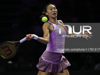 RIYADH, SAUDI ARABIA - NOVEMBER 09: Quinwen Zheng of China during the Final match against Coco Gauff of USA on Day 8 of the 2024 WTA Finals,...