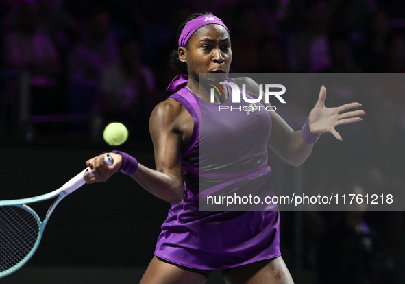 RIYADH, SAUDI ARABIA - NOVEMBER 09: Coco Gauff of USA during the Final match against Quinwen Zheng of China on Day 8 of the 2024 WTA Finals,...