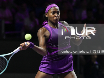 RIYADH, SAUDI ARABIA - NOVEMBER 09: Coco Gauff of USA during the Final match against Quinwen Zheng of China on Day 8 of the 2024 WTA Finals,...