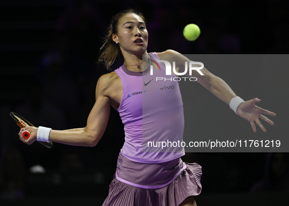 RIYADH, SAUDI ARABIA - NOVEMBER 09: Quinwen Zheng of China during the Final match against Coco Gauff of USA on Day 8 of the 2024 WTA Finals,...