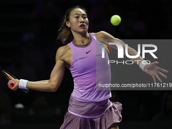 RIYADH, SAUDI ARABIA - NOVEMBER 09: Quinwen Zheng of China during the Final match against Coco Gauff of USA on Day 8 of the 2024 WTA Finals,...